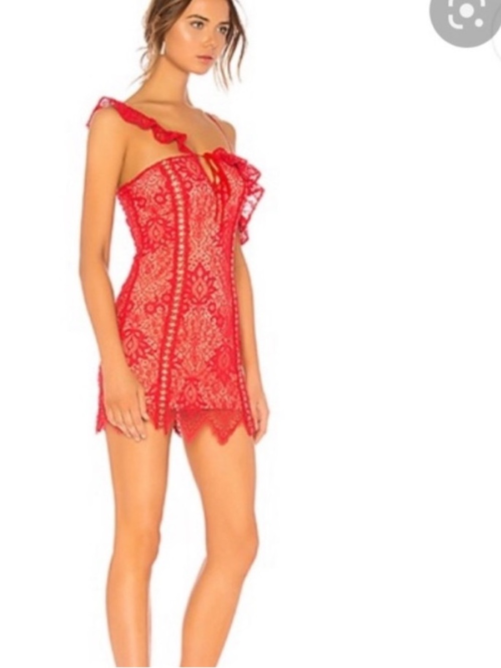 Majorelle, Revolve red lace, mini dress with peekaboo grommets